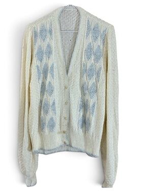 Handmade Vintage Cream and Blue Sparkle Pearl Button Down Cardigan